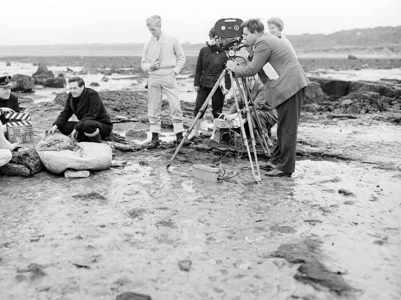 The BBC TV film unit shooting scenes for its new Spy Catcher series on the beach near Aberlady, with Roddy McMillan and Ian Gilmour, in 1960