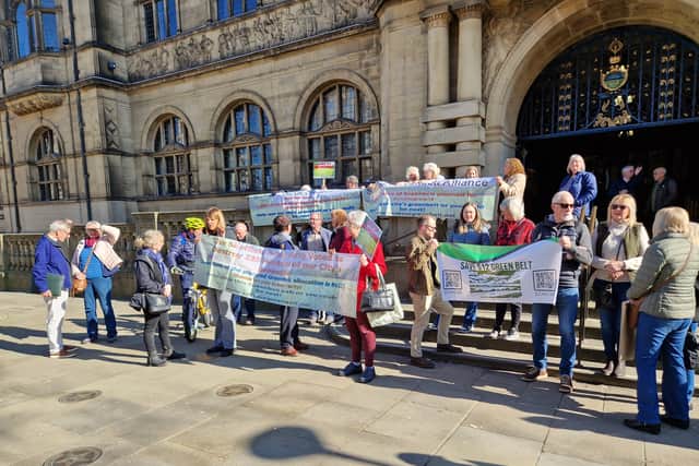 Greenbelt protesters on the steps of Sheffield Town Hall. Photo: David Kessen, Iconic Media
