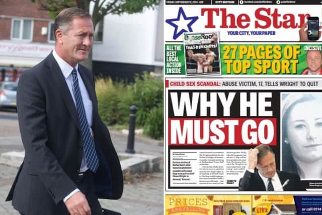 South Yorkshire's former Police and Crime Commissioner Shaun Wright pictured leaving a Police and Crime Panel meeting where he was confronted by angry abuse survivors, including Sarah Wilson in September 2014. Pictured right is The Star's front page from the following day, featuring a picture of Holly Archer, another abuse survivor who has previously waived her right to anonymity