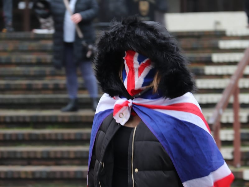 A counter-protestor in Guildhall Square on Friday, March 6.