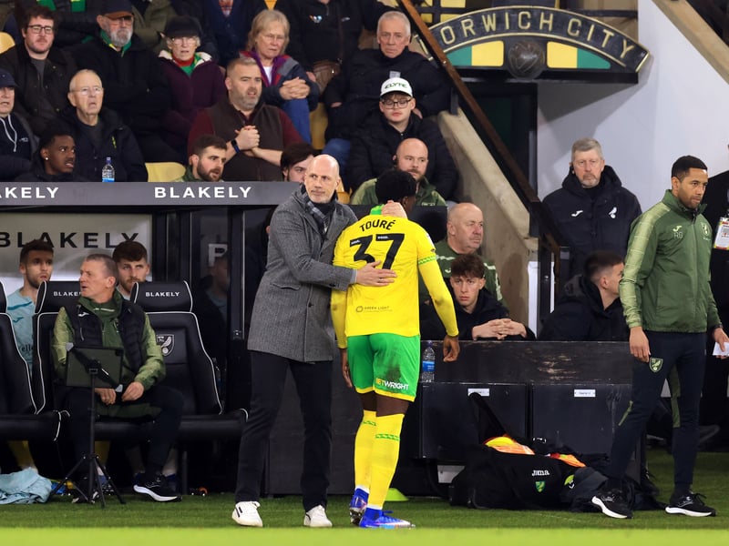 Norwich have a stack of injuries and striker Toure is the latest of them, the 21-year-old suffering a groin injury in the 2-0 victory at home to Sheffield Wednesday at the end of last month and now looking at four to six weeks out.