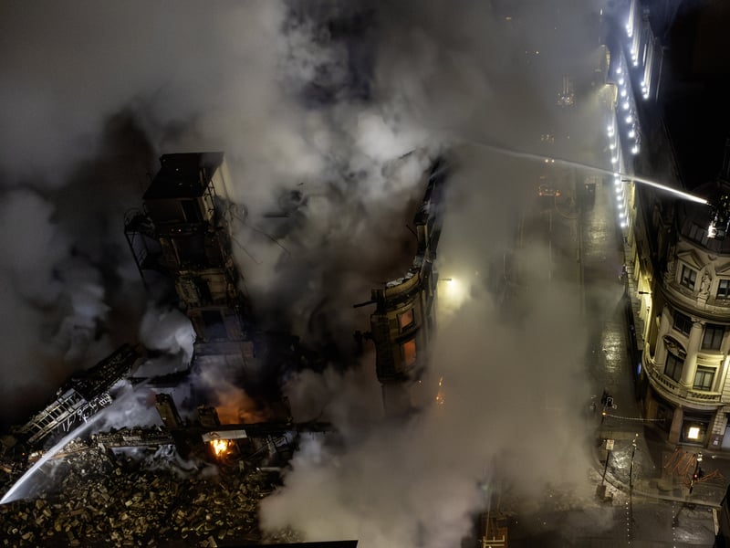This image shows how the affected building has partially collapsed following the fire.