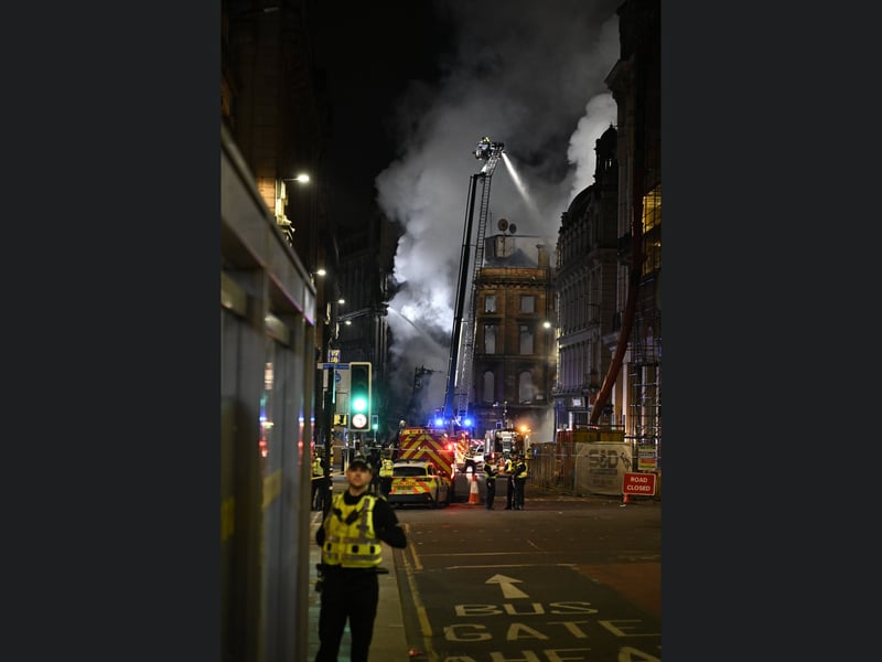One of the high-reach fire engines at work on the Union Street fire.