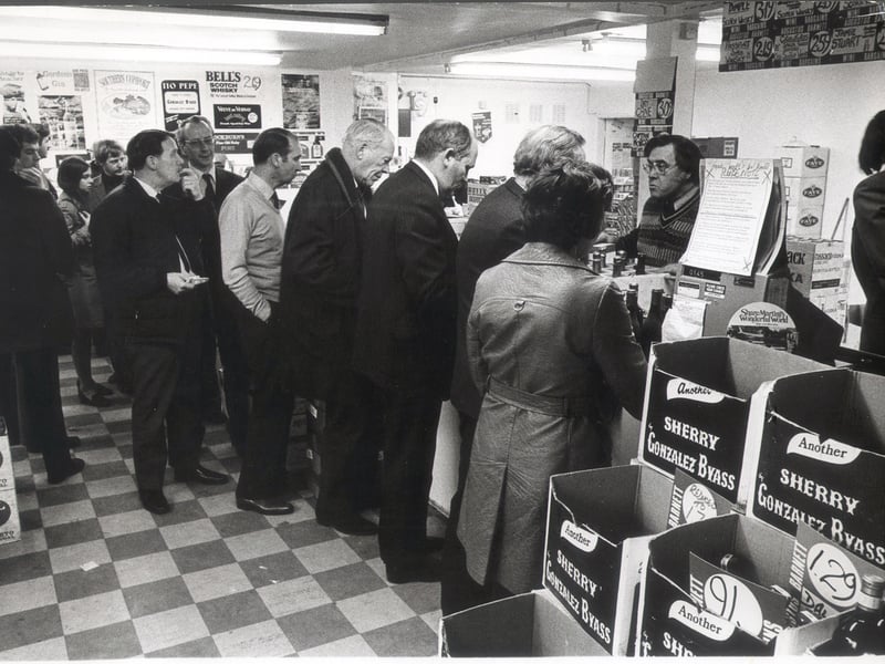Beat the Budget drinkers out in force at Augustus Barnett Wines and Spirits on Ecclesall Road South, Sheffield, on April 15, 1975
