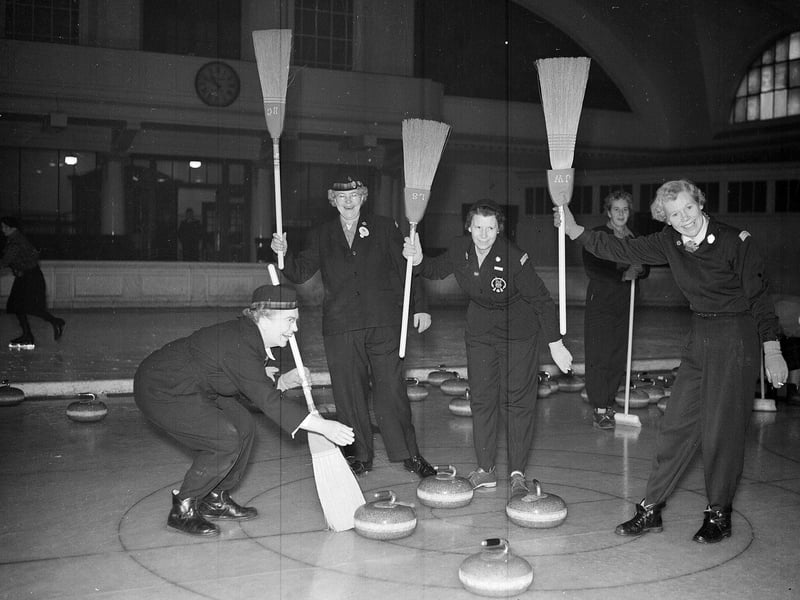 USA and Canadian Women curling tourists playing an Edinburgh team at Haymarket Ice Rink in January 1955.