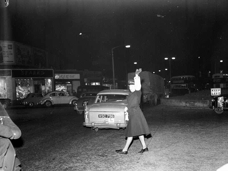 Policewoman Sheila Johnstone on duty at Haymarket in November 1962.
