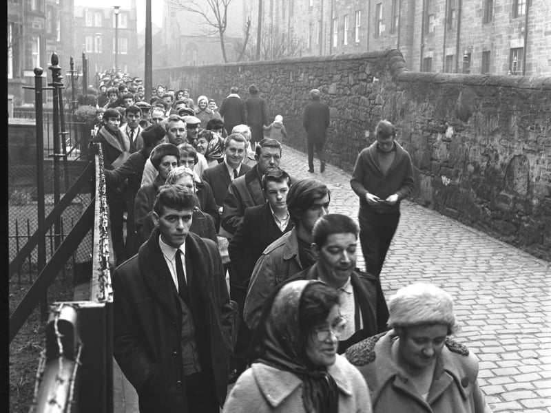 People queue up for Hearts v Celtic Scottish Cup tickets at the Edinburgh Evening News & Dispatch Haymarket offices in March 1966.