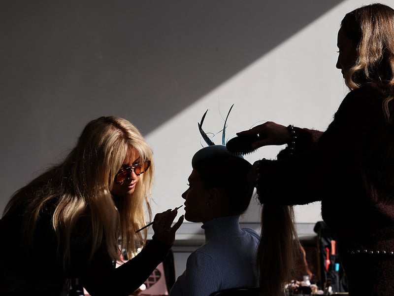ITV television presenter Megan Nicholls has her hair and make up prepared ahead of filming on the first day of the Cheltenham Festival.