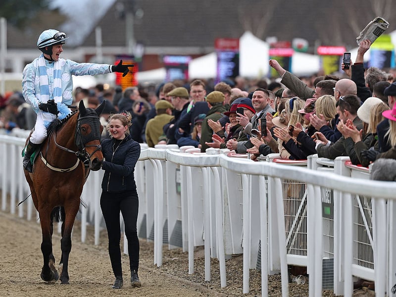 Jockey Danny Mullins celebrates after riding racehorse Kargese to win the Singer Arkle Challenge Trophy Novices' Chase.
