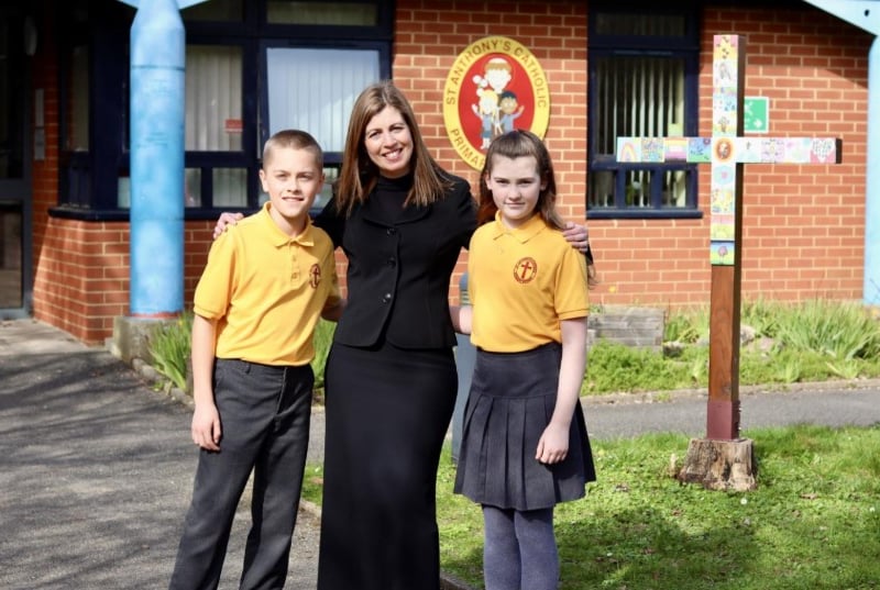 Ofsted has found St Anthony’s Catholic Primary School, Fareham, is working at a strong standard in attendance and behaviour, inclusion and personal development and wellbeing.
It is operating at the expected standard in achievement, curriculum and teaching, early years and leadership and governance.
Pictured: Head Teacher, Katrina Straker, with Head Boy and Head Girl.