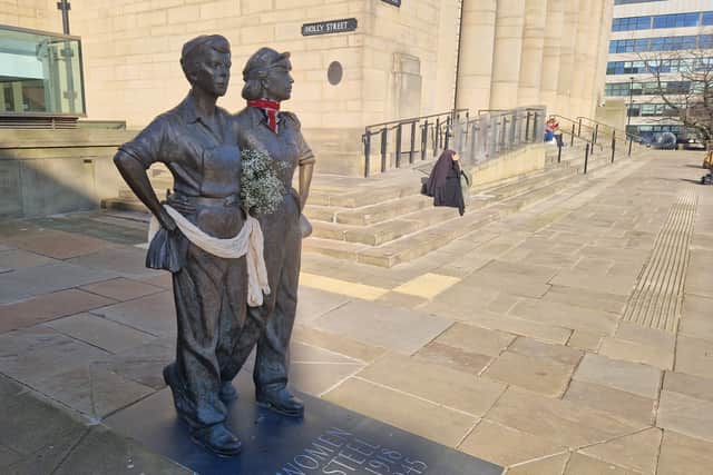 The Raise the Colours Sheffield movement uses the Women of Steel sculpture on its promotional material and a union flag was attached to one of the figures.