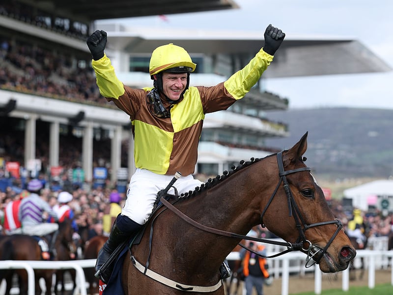 Paul Townend celebrates winning the Turner's Novices' Hurdle on King Rasko Grey.