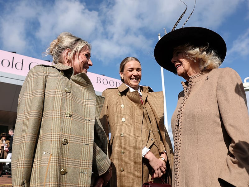 Natasha Hunt and Zoe Aldcroft of the Red Roses England Rugby team in conversation with Queen Camilla on Ladies Day.