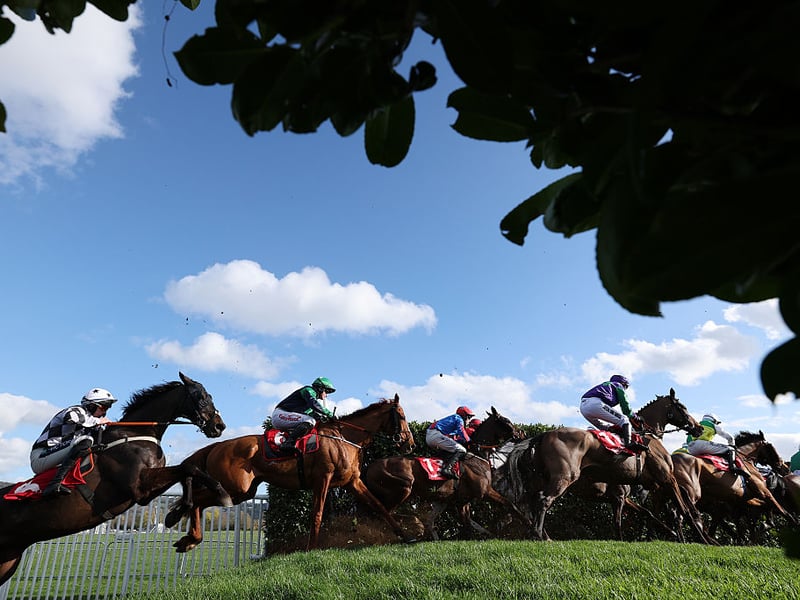 Runners and riders jump the Cheese Wedges fence in the Glenfarclas Cross Country Chase on Ladies Day.