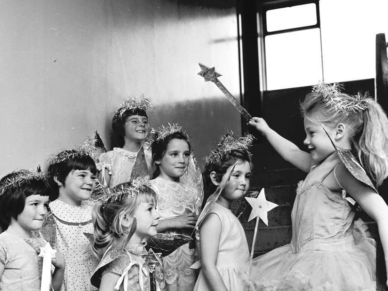 The Fairy Queen Helen Ward (7) casts a spell over her helpers (from left Gillian Nicol, Jillian Gilhooley, Lynn Cranston, Carol Lawrie, Lynn Dickson, Lorna McLeod) during the Silverknowes Primary School concert in November 1968