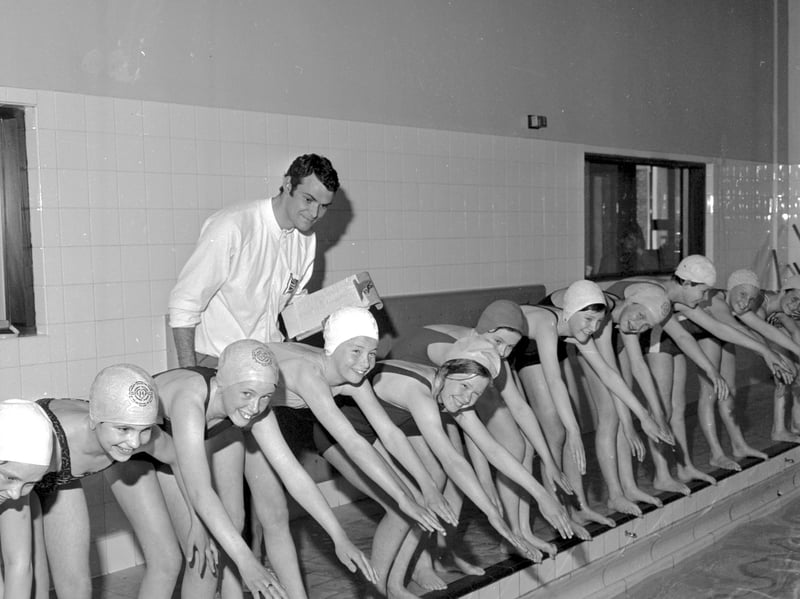 Bobby McGregor makes a point to pupils at James Gillespie's High School For Girls during a 'swim in' in 1969