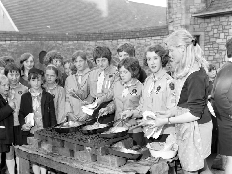 Girl Guides having a barbecue at the Reid Memorial Church, Edinburgh, in 1969