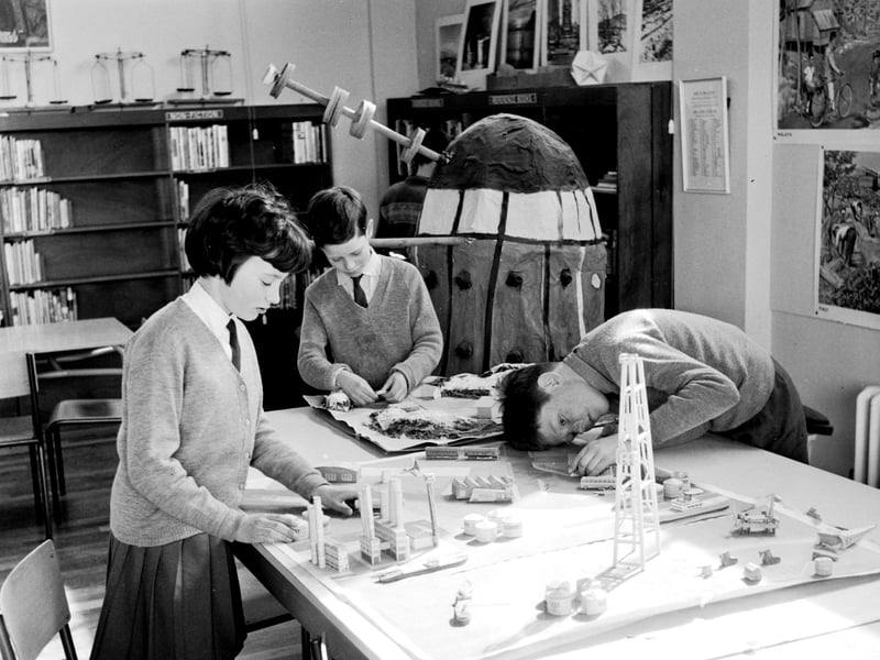 Primary school children at work on an oil refinery project at an unidentified Glasgow school in April 1966