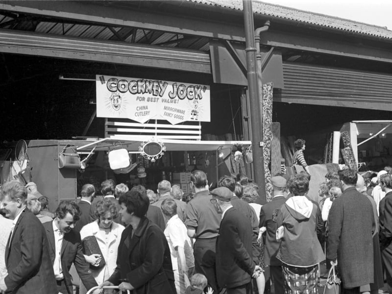 Crowds outside Cockney Jock's stall at the Barrows market, Glasgow, in August 1967