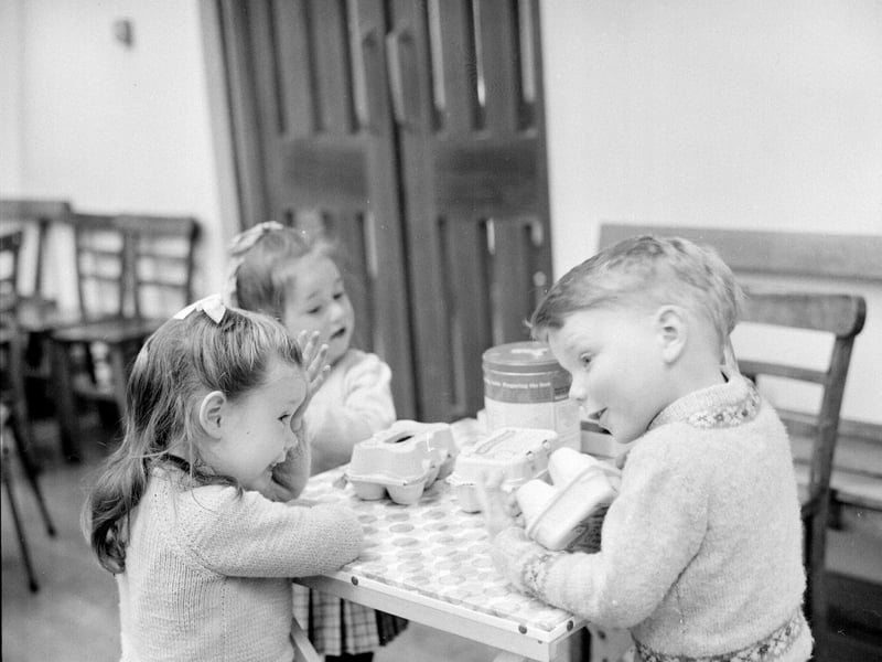 James Murray (right) plays shop, selling eggs to fellow playmates at the Salvation Army Nursery on Gorgie Road, Edinburgh, in April 1968