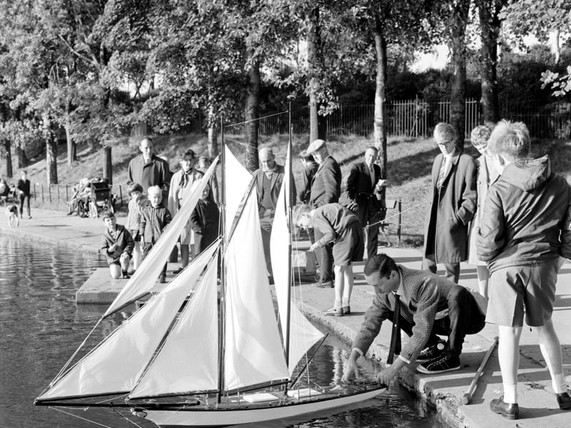 Model yachts being sailed at Inverleith Park pond, Edinburgh, during the September holiday weekend in 1968
