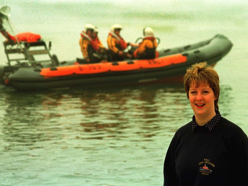 Area organiser for West Yorkshire Julie Mounty pictured in May 1997 with Jason Log an Atlantic 22 class lifeboat station at Flamborough. The RNLI launched an appeal to raise £65,000 to buy a new Atlantic class 75 lifeboat and crew kit.