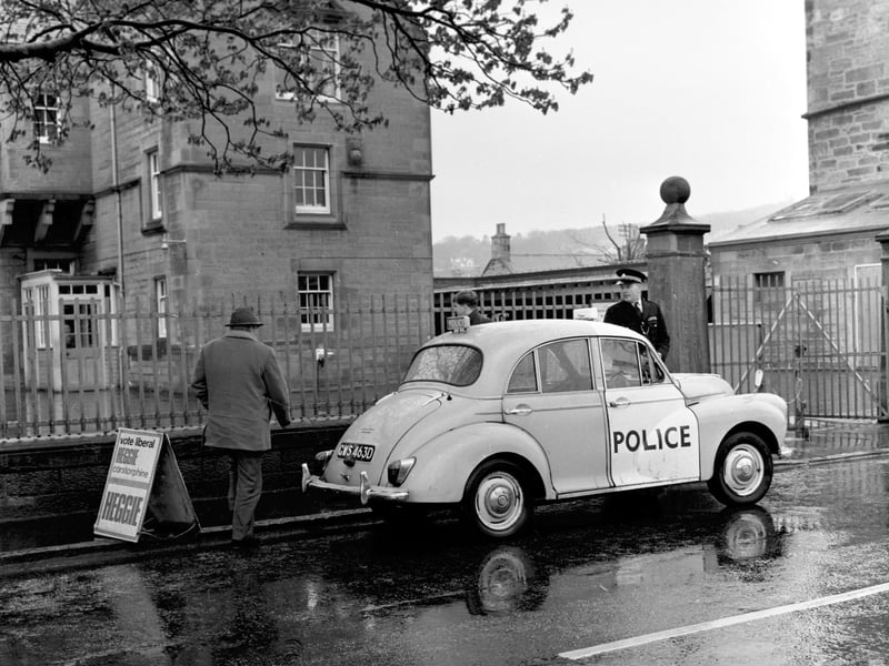A police panda car sits outside the polling station at Corstorphine Primary School in May 1969
