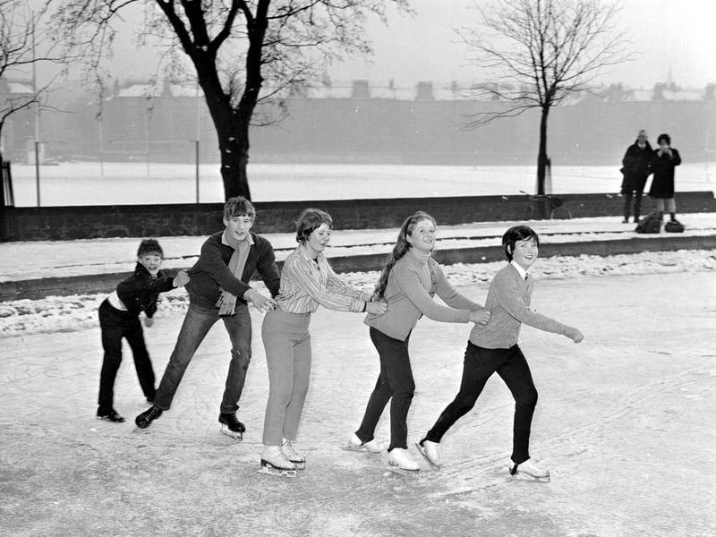 Children ice skating on Inverleith Pond, Edinburgh, in 1969