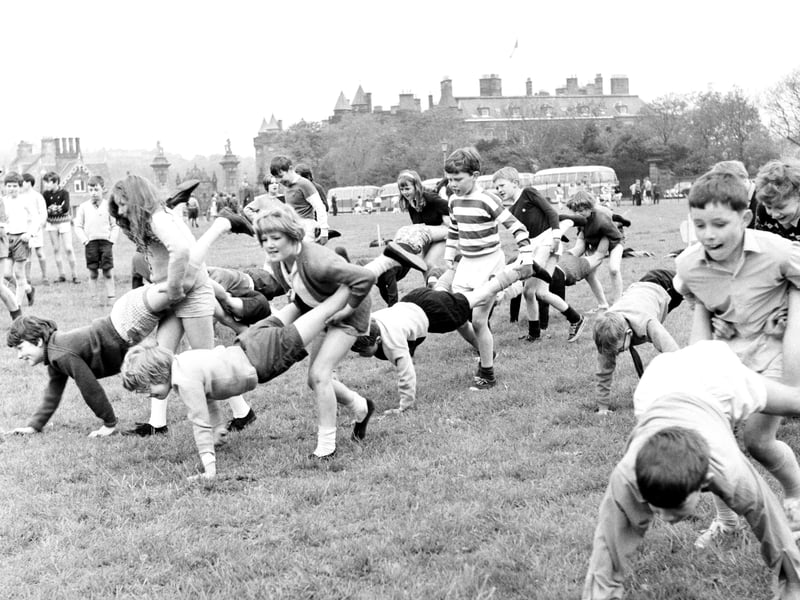 Children in a wheelbarrow race during the Abbeyhill School sports day in 1969
