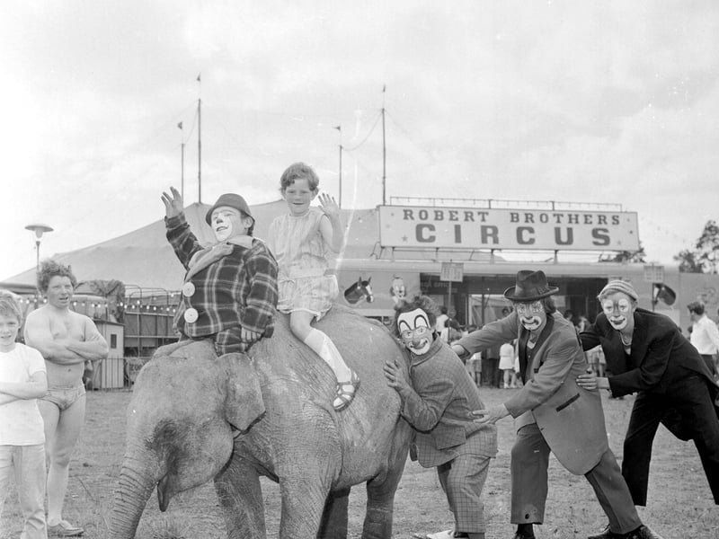 Clowns with an elephant at the Robert Brothers circus at Murrayfield, Edinburgh, in 1969