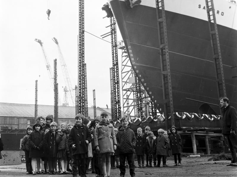 Children at the launch of the Sangro from Henry Robb's shipyard, Leith, in March 1968
