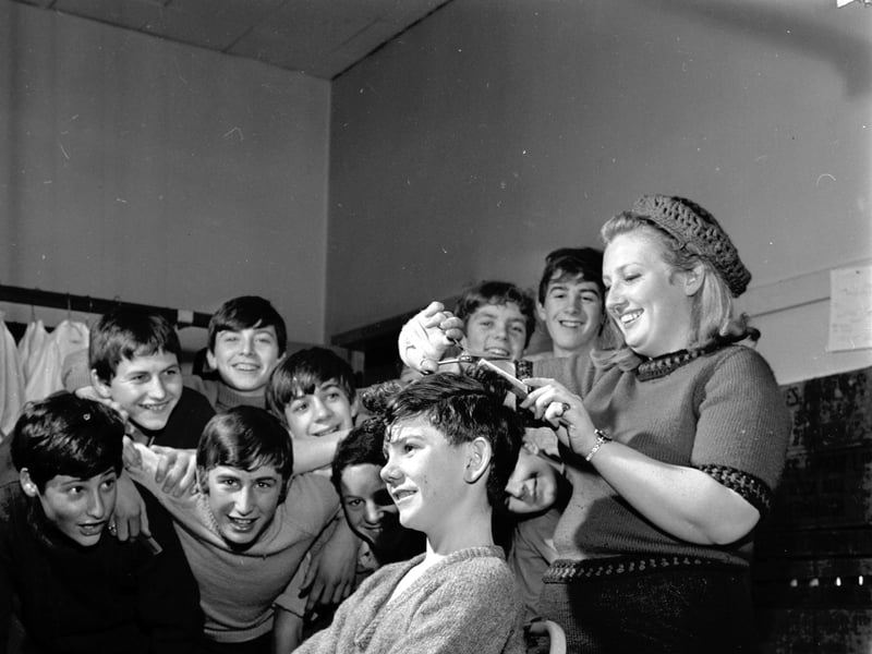Scouts get their hair cut for the Gang Show rehearsals at the King's Theatre, Edinburgh, in November 1968