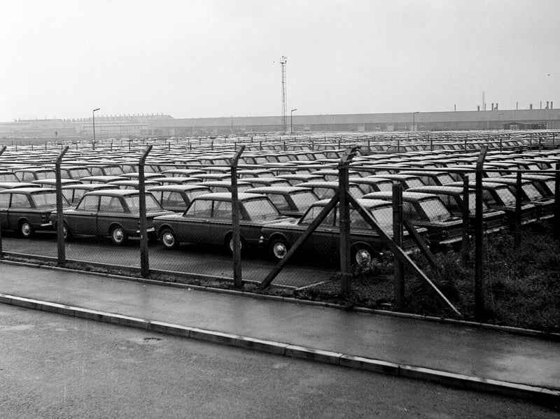 The new Hillman Imp outside the Rootes Factory at Linwood in Paisley, in 1963, the year the car was launched