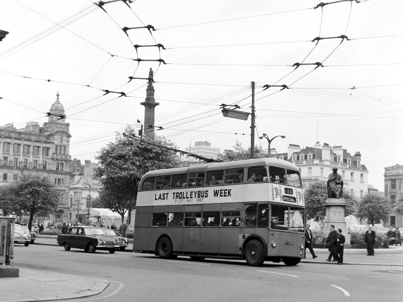 One of Glasgow's last trolleybuses leaves George Square in May 1967