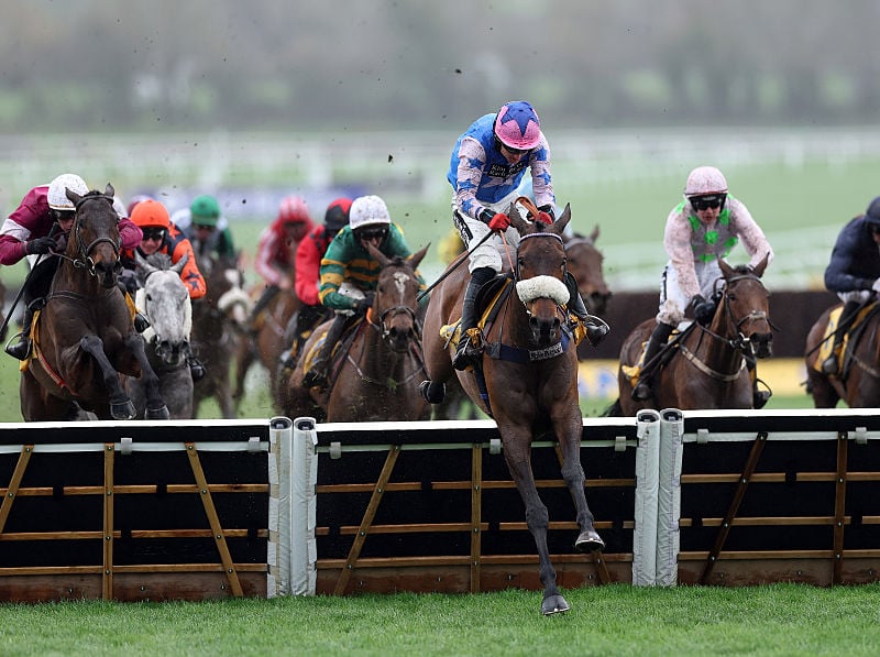 Thomas Bellamy riding White Noise to victory in the Ryanair Mares' Novices' Hurdle.