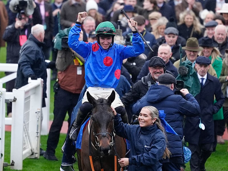 Jack Kennedy riding Wodhooh return to the winners enclosure after winning The Close Brothers Mares' Hurdle.