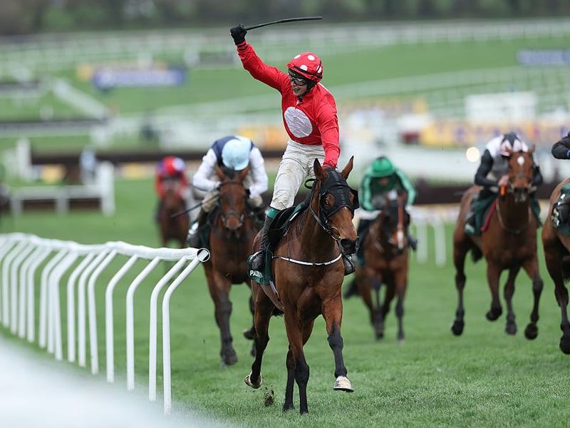 J J Slevin riding Home By The Lee to victory in the Paddy Power Stayers' Hurdle.