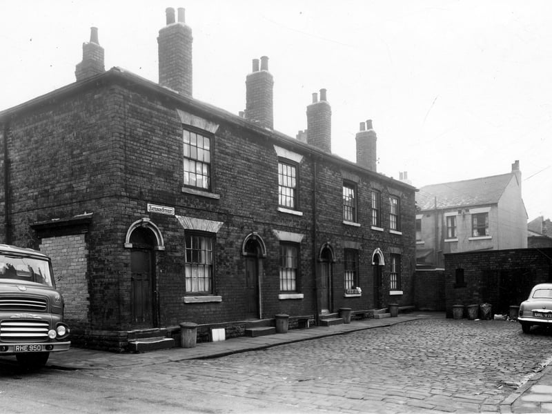 Looking across from Wordsworth Street to Bateson Street, the cab of an Albion Lorry can be seen at the corner. Next is number 1 followed to the right by 3, 5 and 7. The large building on the right is Lloyds Arms. Pictured in December 1959.