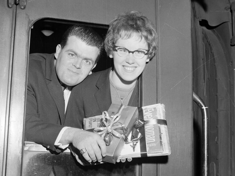 Mr & Mrs W Wilson leave Waverley on their holiday to Spain - the first prize in a draperies charities draw - in July 1961.