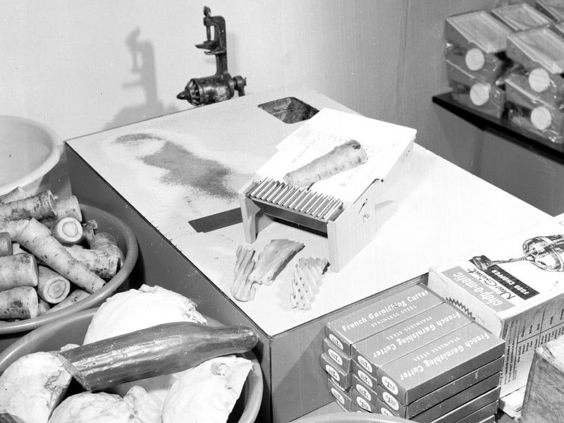 Gadgets at the Ideal Homes exhibition in Waverley Market in May 1966 - including the American dial-o-matic chopper.
