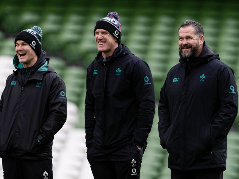 Ireland assistant coach Johnny Sexton, forwards Coach Paul O'Connell and head coach Andy Farrell are interested spectators.