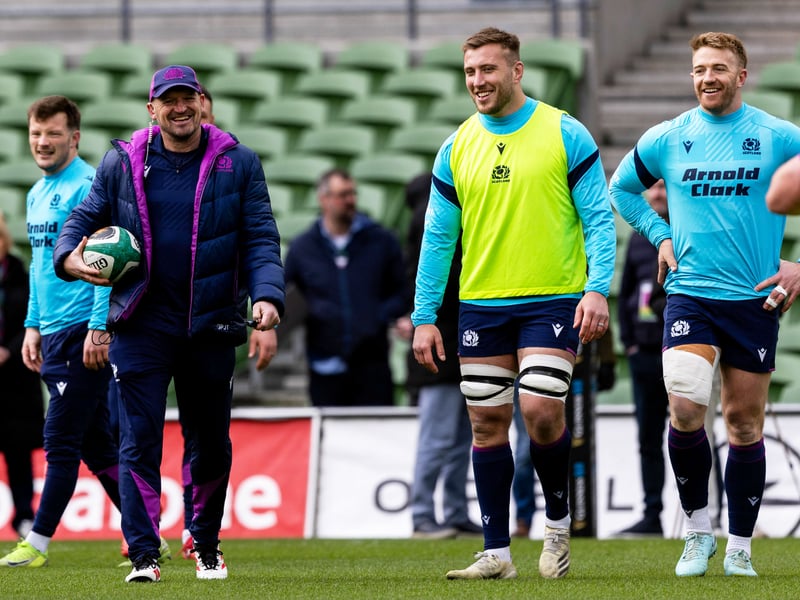 Scotland head coach Gregor Townsend alongside Matt Fagerson and Kyle Steyn.