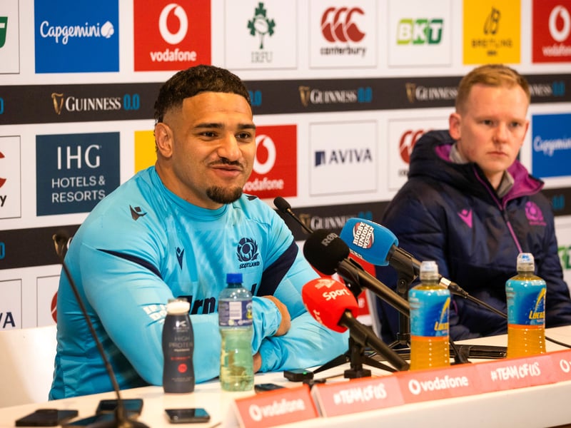 Sione Tuipulotu speaks during his Scotland press conference in Dublin.