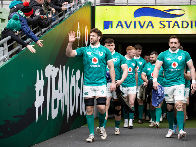 Caelan Doris (L) and Jack Conan lead Ireland out.