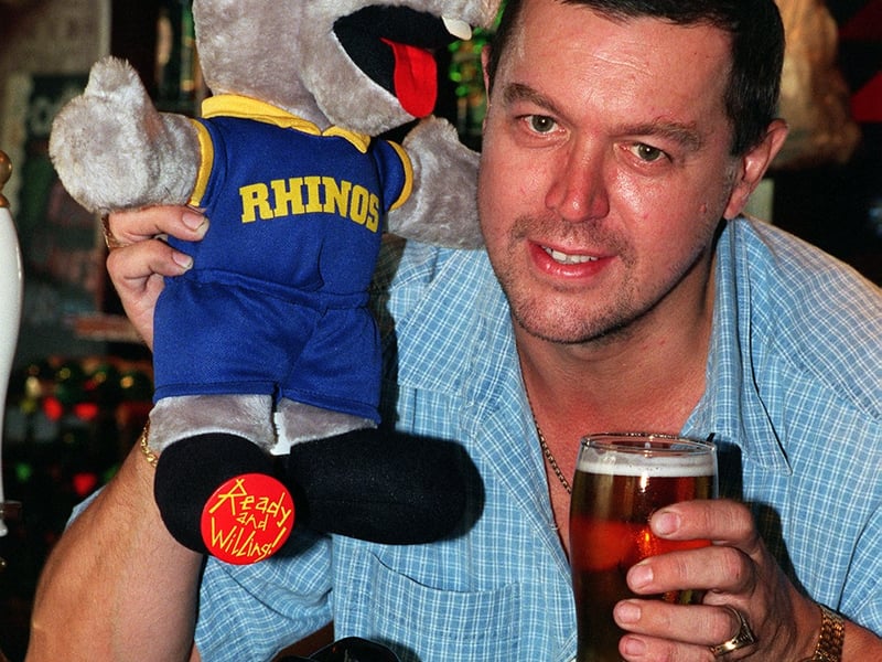 Leeds Rhinos fan and City of Mabgate Inn landlord Keith Lewis Broughton pictured in August 1999 with Rhinos bought for him by regulars from all over the world.