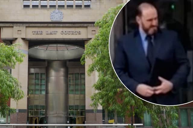 Robert Veza, aged 44, is accused of having an inappropriate sexual relationship with a female victim of crime when he was a student officer with South Yorkshire Police, working as a police constable for a Sheffield neighbourhood team. He is pictured here leaving court this morning (Monday, March 16, 2026)