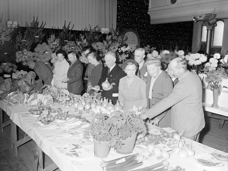 Admiring vegetables at the Dalkeith and District Flower Show in the Buccleuch Halls in August 1961.