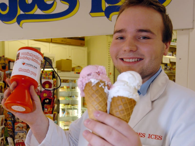 Joseph McNeill at Joe's Ices in Crystal Peaks shopping centre, Sheffield, where they gave away ice cream in return  for a donation to the Variety Club Charity in 2010