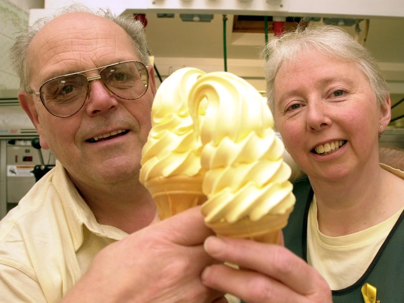 Brian and Sylvia Elliott with banana ice cream for yellow day at Ripley Store in 2001