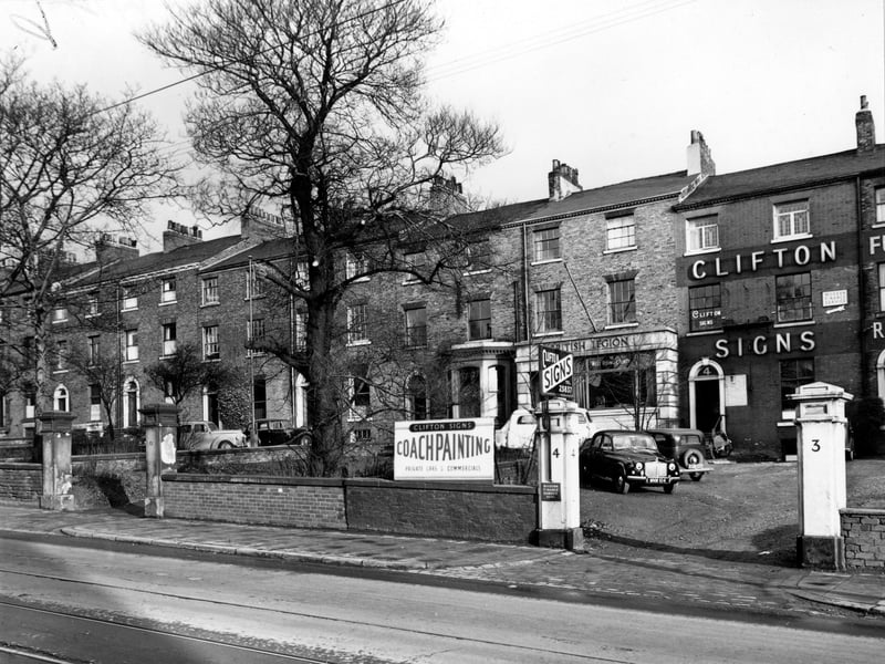Clifton Signs at number 4 Blenheim Terrace, off Woodhouse Lane. The British Legion is next door. Pictured in November 1955.